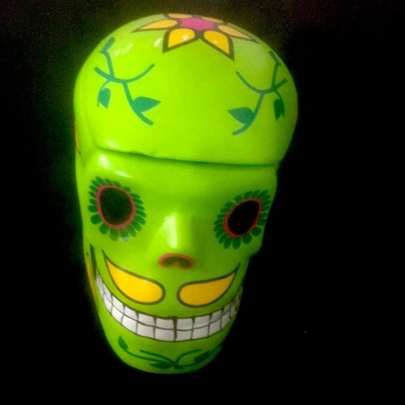 Mexican Hand Painted Green Day of the Dead 3D SUGAR Skull /Trinket Box - Picture 2 of 10
